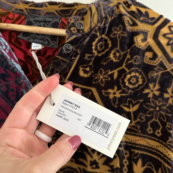 Johnny Was Frida Velvet Patterned Button Down Shirt Red/Yellow M - Picture 10 of 15